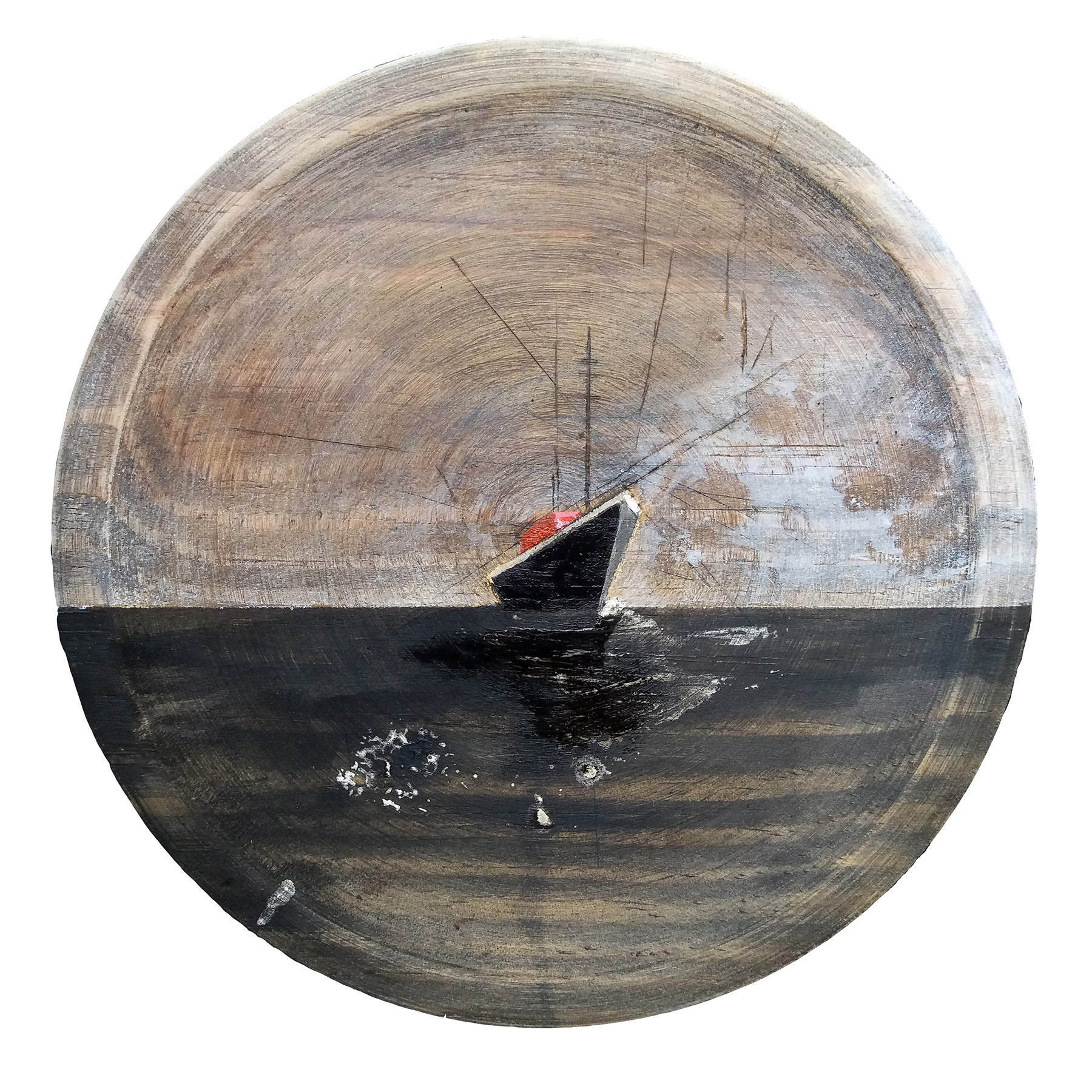 Ship #09 17x17cm Mixed media on wooden tapas plate, 2021